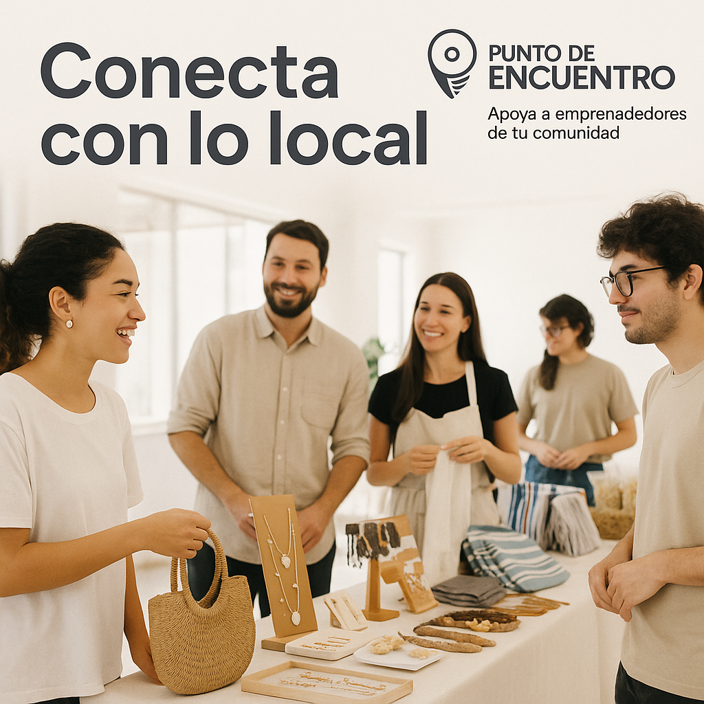 Imagen principal para la tienda colectiva Punto de Encuentro. Presenta a varios emprendedores locales exhibiendo y vendiendo productos hechos a mano en un ambiente cálido y moderno. Incluye el eslogan “Conecta con lo local” y el logo oficial de la tienda.